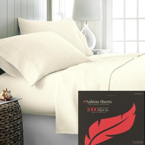 Ashton Sheets 100% Egyptian Cotton Sheets Queen Size - 1000 Thread Count 4 PC Queen Sheet Set Egyptian Cotton, Sateen Weave Luxury Sheets Queen Size, High Thread Count Sheets, 16" Deep Pocket - Ivory