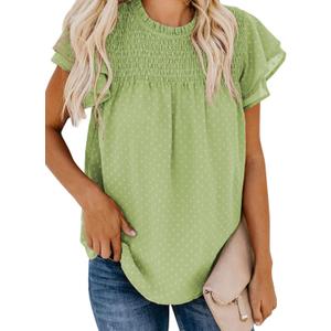 Dokotoo Womens Crewneck Lace Crochet Pom Pom Flowy Short Sleeve Casual Shirts Blouses Tops (Large, C Light Green)