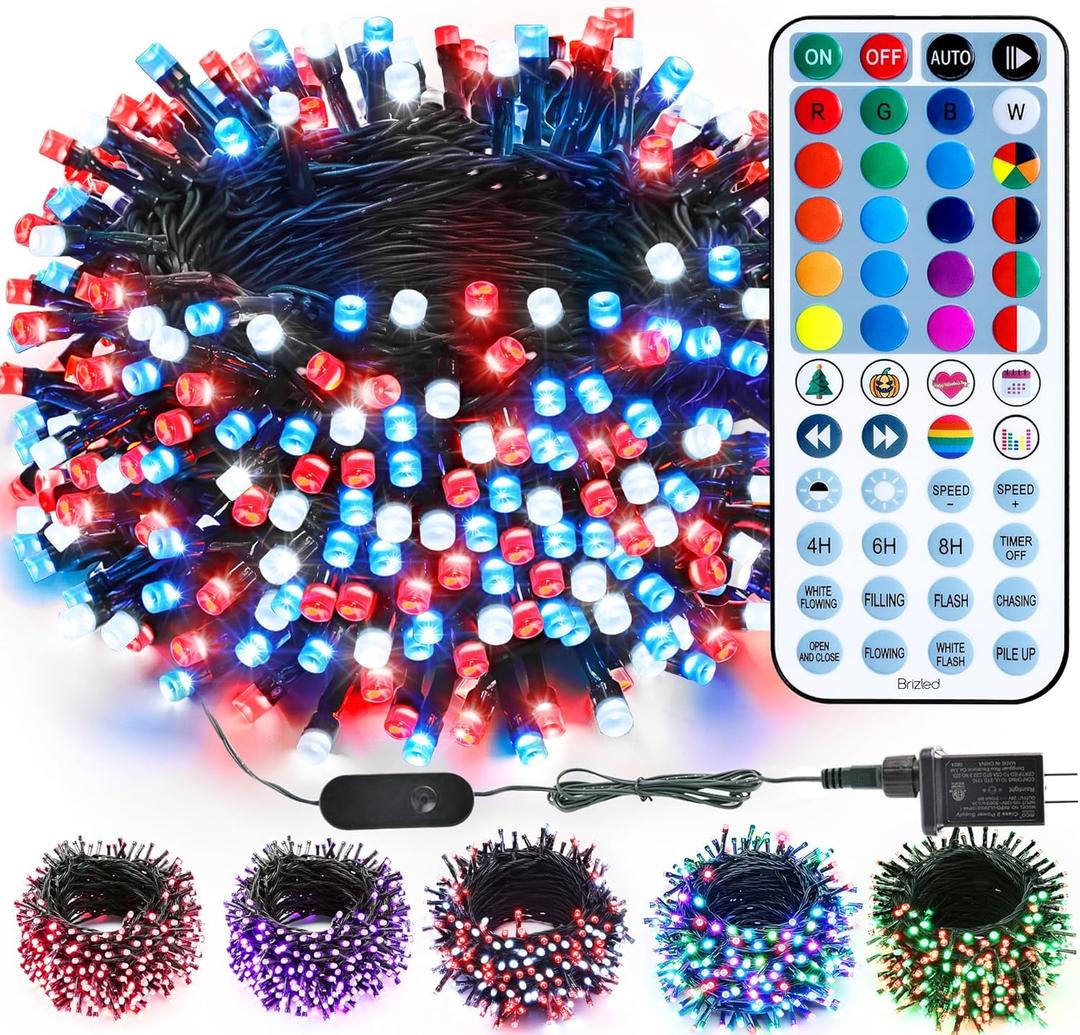 Brizled Color Changing RGB Christmas Lights, 66ft 200 LED Red White Blue String Lights Music Sync, 120+ Modes Remote Dimmable Outdoor Mini Tree Light Indoor Plugin for July 4th Xmas Halloween