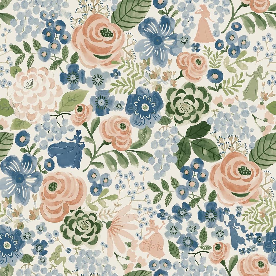RoomMates Disney Princess Blue Watercolor Floral Peel and Stick Wallpaper, RMK12793PLW