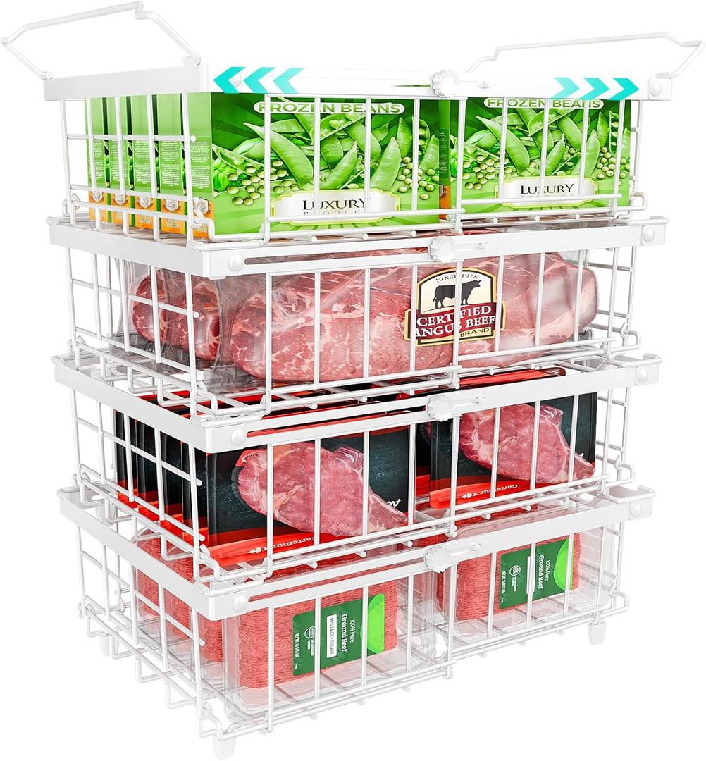 OPENICE Deep Freezer Organizer Bins, Expandable from 11.3 to 17.7 Stackable Freezer Baskets for Chest Freezer, Bins for Chest Freezer Organization - 4 PCS, White