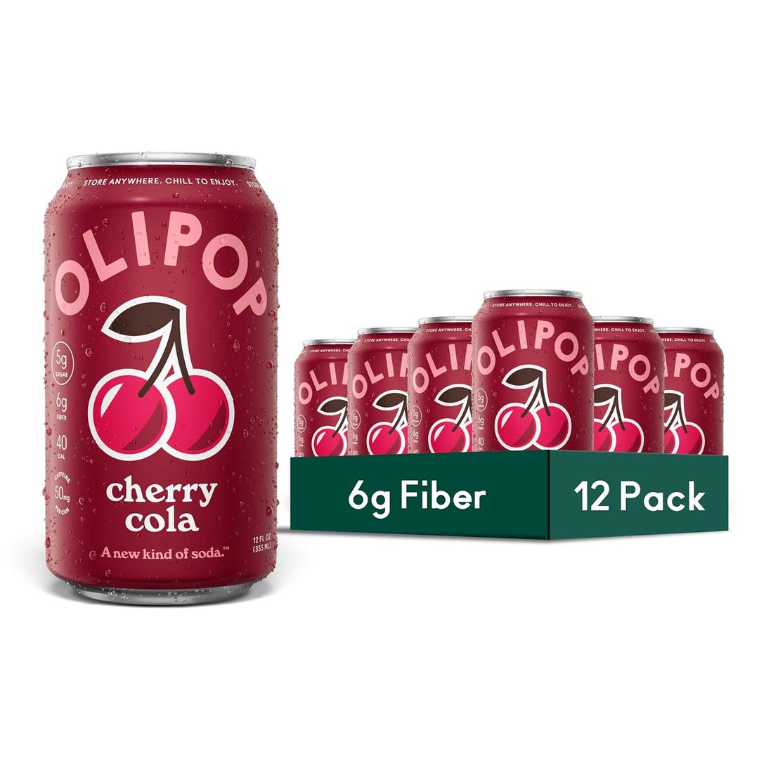 OLIPOP Prebiotic Soda Pop, Cherry Cola, Pantry Pack Packed with Prebiotics, Fiber, and Botanicals, Gluten Free, GMO Free, 12oz (12-Cans) (EXP 08/15/27)