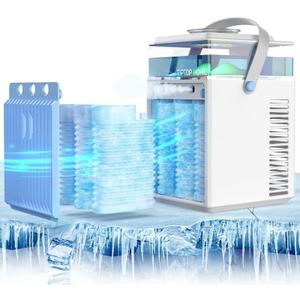 Portable Air Conditioner Fan, Rechargeable 4-IN-1 Personal Mini Cooler Humidifier, 3-Speed Evaporative Air Cooler with 7 Color Lights, Cordless AC Desktop Spray Conditioner, Quiet Desktop Cooling Fan