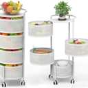 JAQ Rotating Storage Carts No Assembly, 4-Tier Round Storage Basket Rack Shelf Organizer on Rolling Wheels for Fruit Vegetables Grocery Corns Potato Onion Snack in Kitchen Pantry (4-Tier, White)
