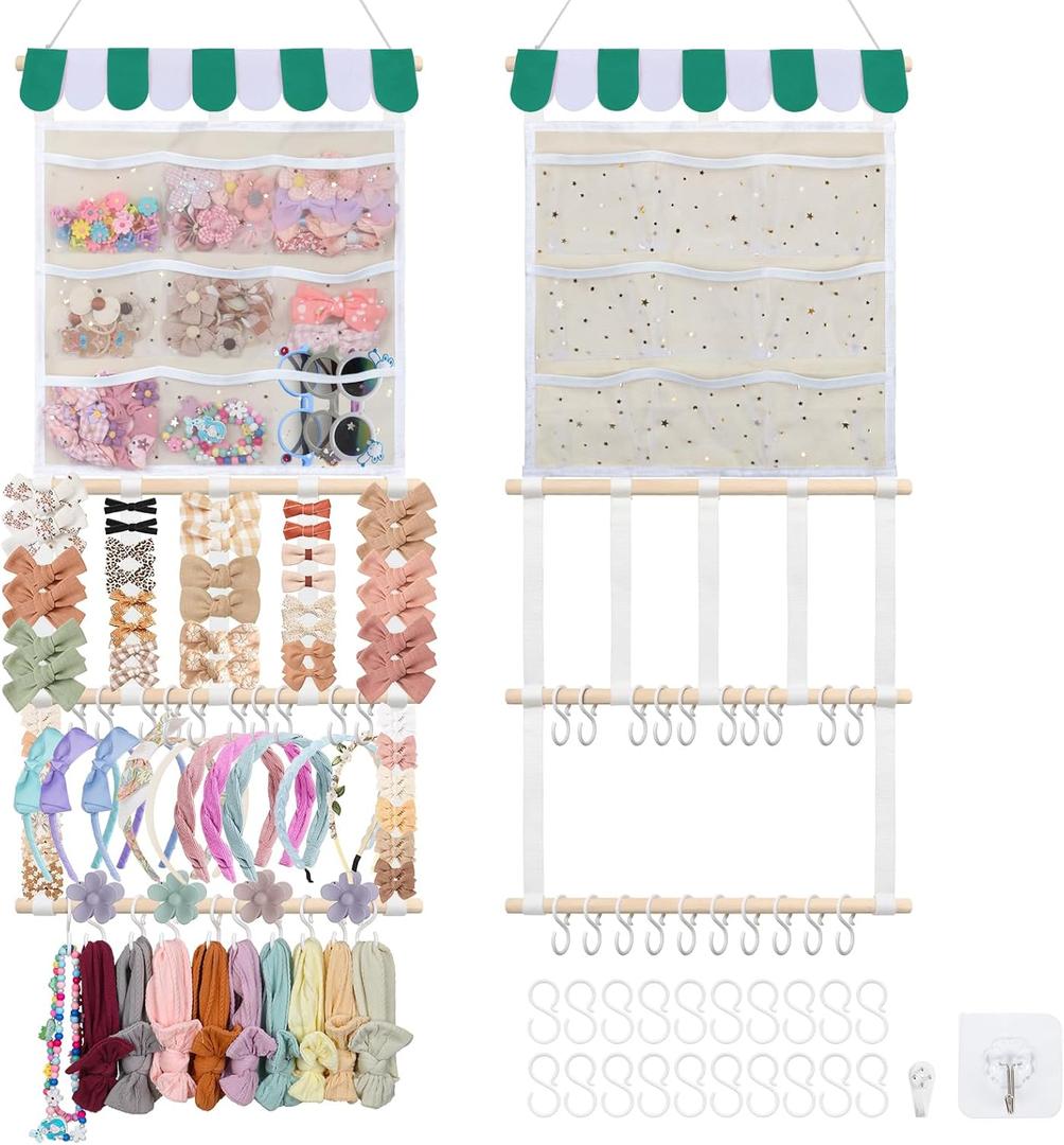 2 x New Upgraded Bow Holder Headband Organizer w/ 9 Mesh Pockets, Large Capacity Hair Bow Organizer for Girls, Wall Hair Accessory Organizer for Nursery Room Decor(32x15inch,Beige Green)
