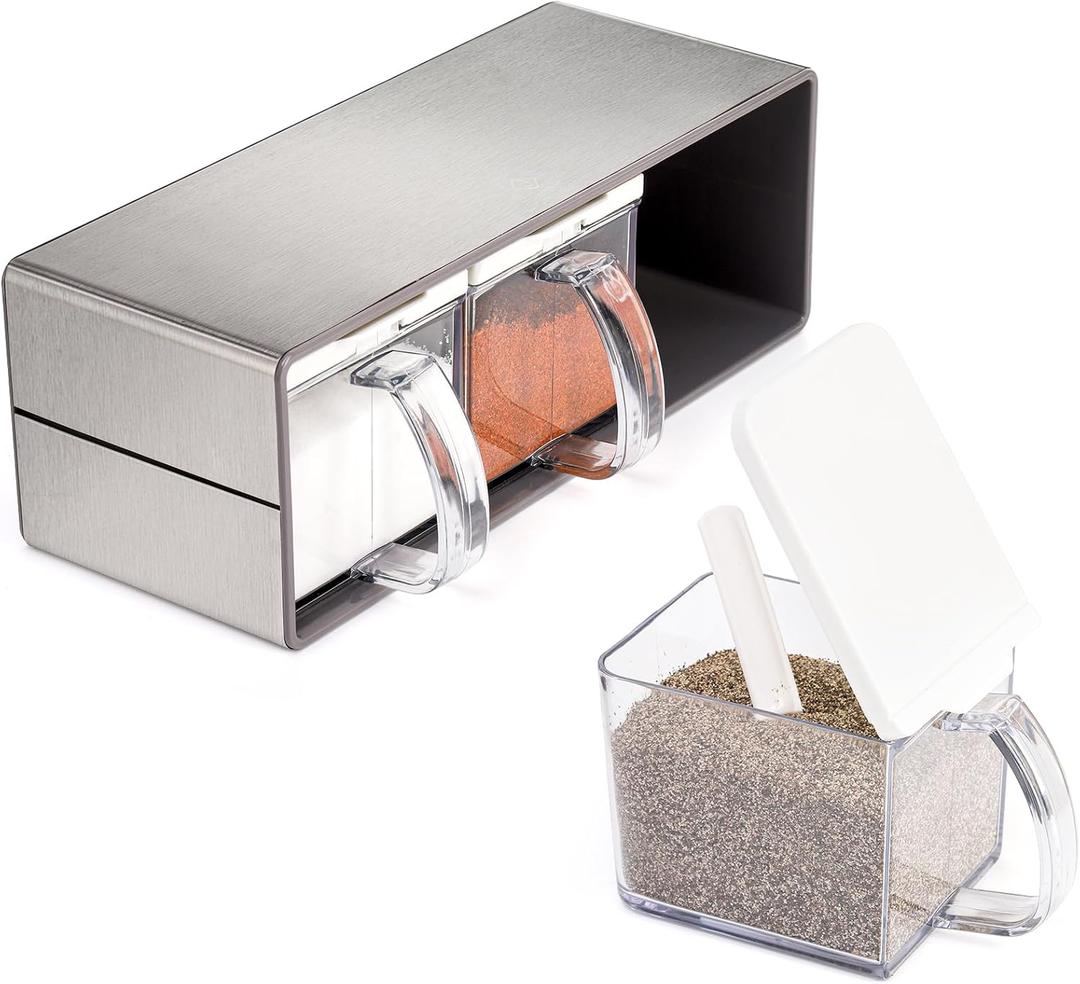 ZENFUN 3 Grids Seasoning Organizer Box, Stainless Steel Salt Container with Lid and Spoon, Seasoning Containers with Stainless Steel Rack for Home, Kitchen, Cafe, Storing Salt, Sugar, Pepper, Spice