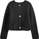 Saodimallsu Womens Button Up Sweaters Fall Chunky Knit Cropped Trendy Crewneck Loose Cardigan with Pockets (Small, Black)