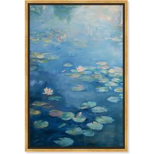 Lilypads In Blues Framed Impressionism 1 Piece Canvas Wall Art/Monet And Van Gogh Inspired Art, 17.5" x 25.5", Gold Frame (25.5L" x 17.5W")