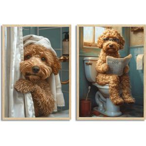 2Pcs Paint by Number Kit 16x20inch Adults Cute Curly Dog Bathroom Scenes DIY Painting Set with Pre - Numbered Canvas, Funny Puppy Art for Home Decor Gift