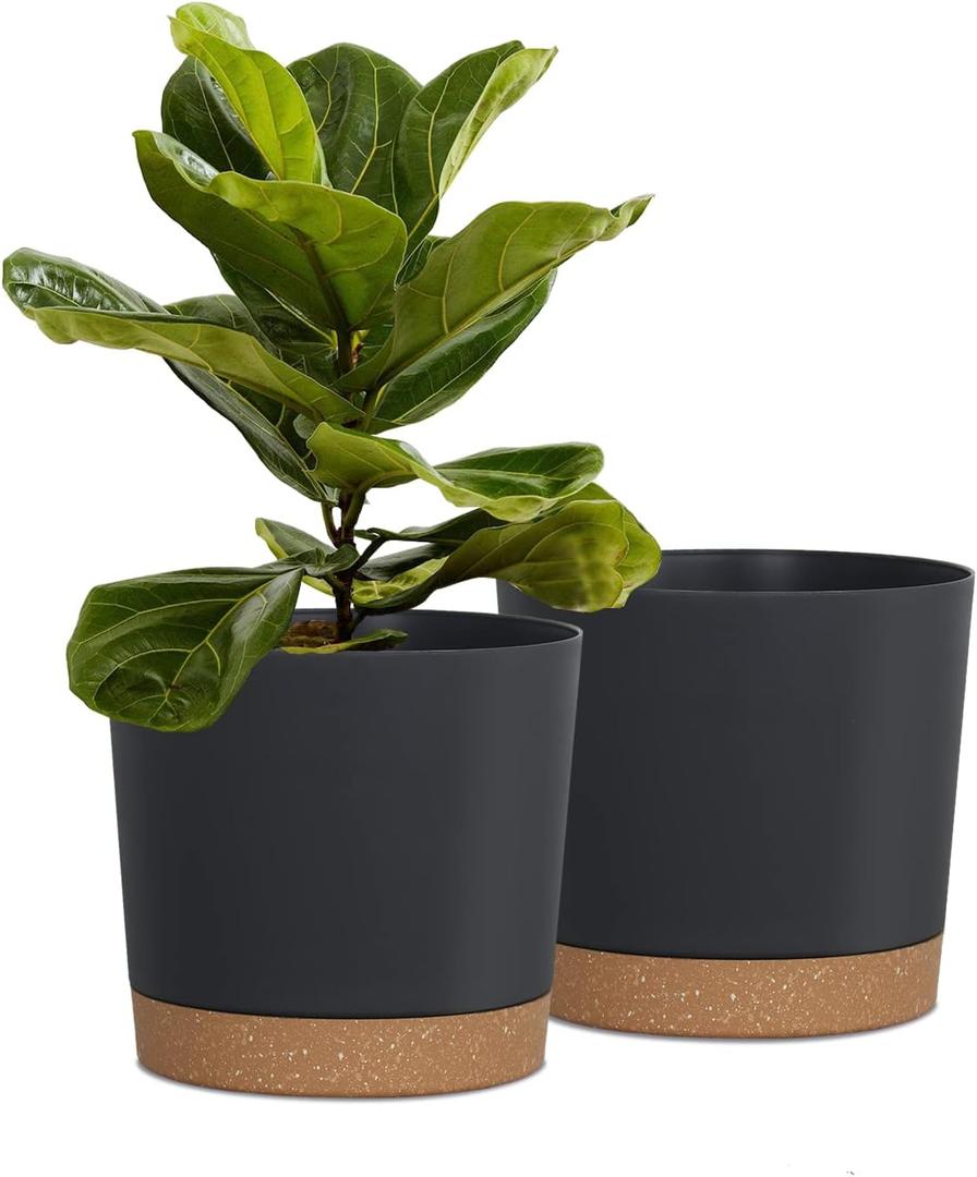 kubvici Plant Pots for Indoor Plants, 2 Pack 8 Inch Plastic Flower Pot Planters with Drainage Saucer for Indoor Outdoor Garden Home (8 Black)