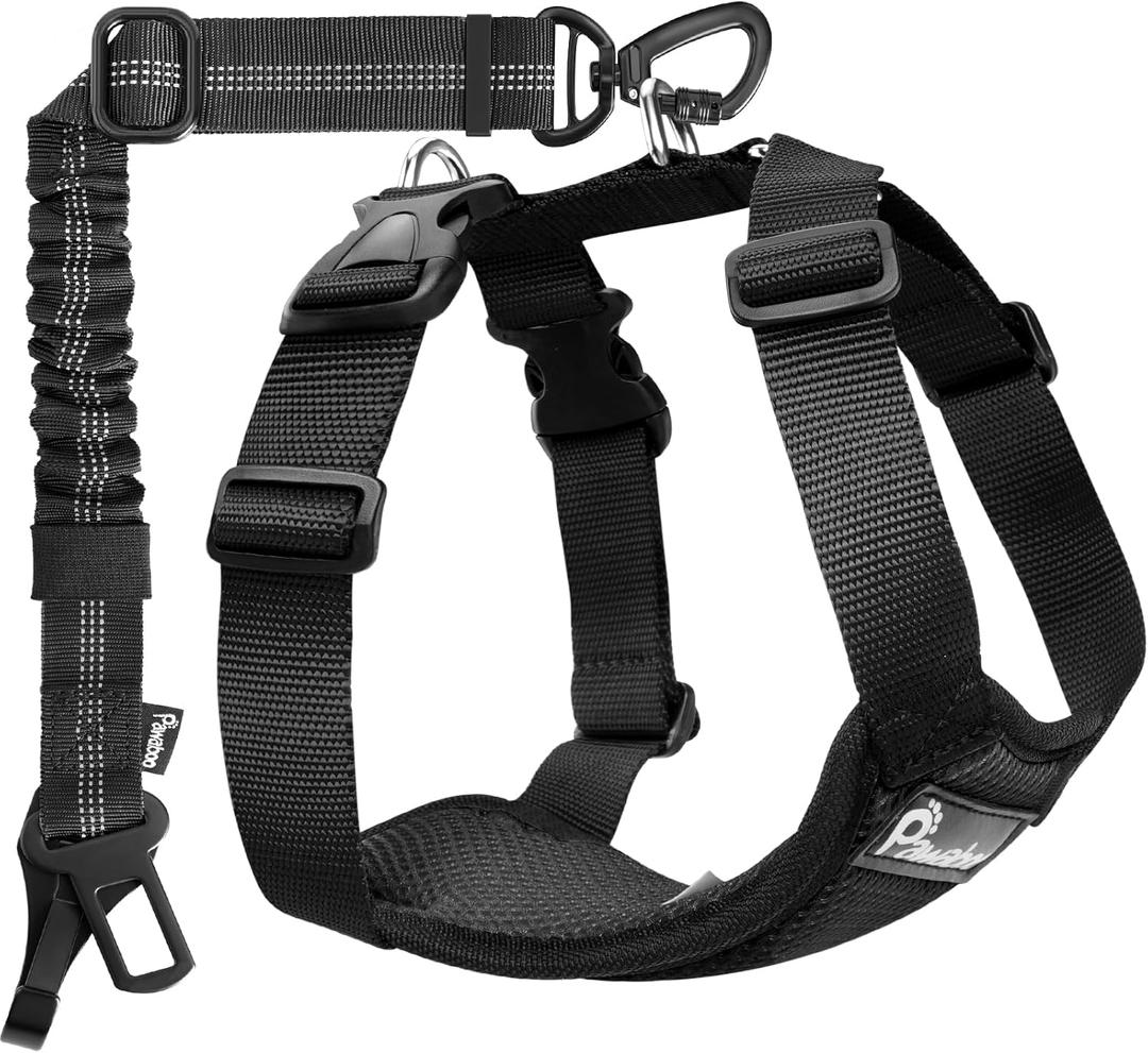 Pawaboo Dog Seat Belt Harness for Car, Dog Car Harness Seatbelt with Double Clips, Adjustable Breathable Pet Vest & Dogs Safety Tether with Elastic Bungee for Pet, L, Black