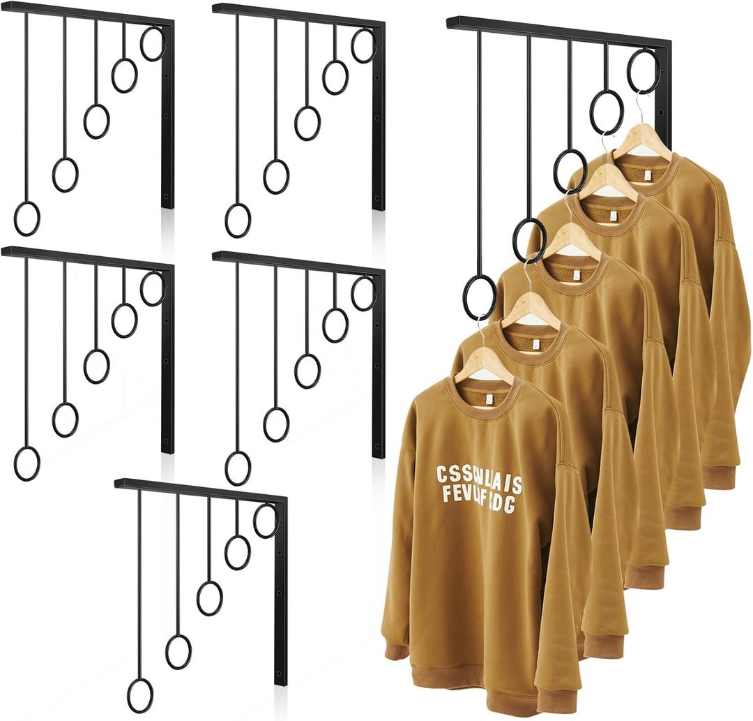 5 Pcs Clothing Display Rack Retail Clothing Rack Boutique Display Shelves Wall Mounted Metal Black Garment Hanger with 5 Hanging Rings for Boutique Shop Closet Retail Garment Laundry Balcony