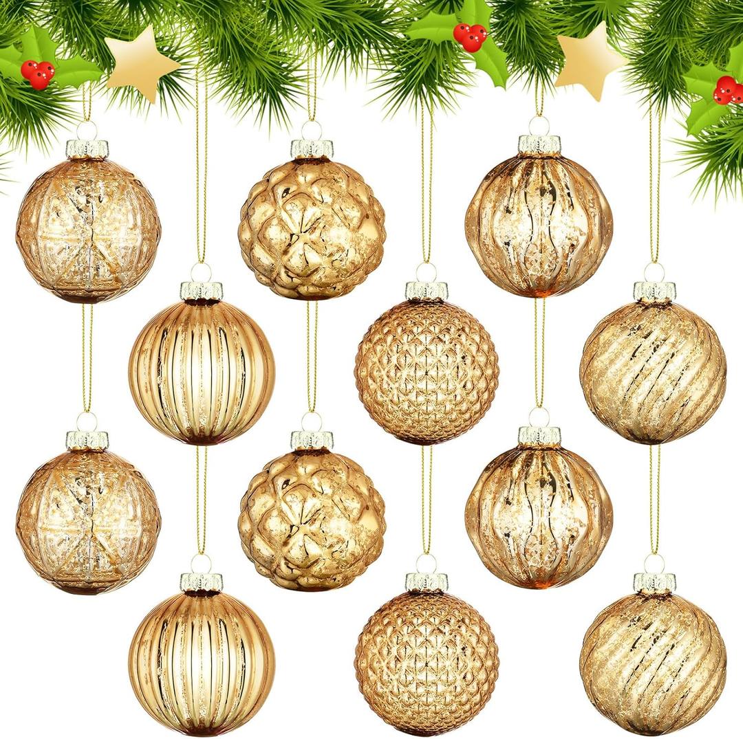 Jenaai 12 Pcs 2.36 Inch Champagne Glass Christmas Ball Ornaments Vintage Christmas Tree Decorations Mercury Glass Hanging Ornaments for Holiday Xmas Trees Party Garland DIY Craft Supplies, 6 Style