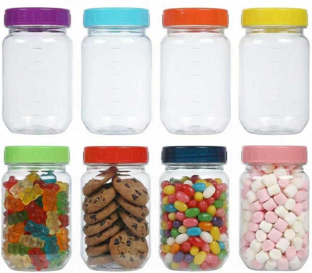 novelinks 16 oz Plastic Mason Jars with Colorful Lids, Leakproof 16oz Clear Plastic Jars with Lids, Reusable Storage Containers for Household Use (8 Pack)
