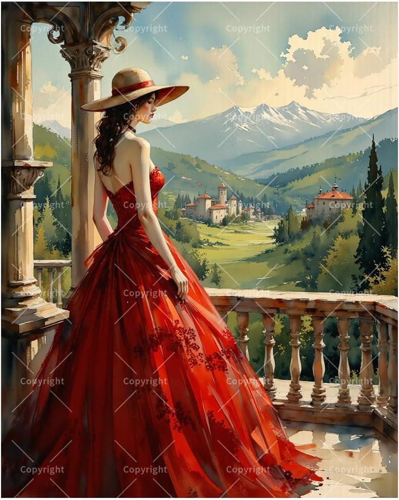 Elegant Woman Paint by Numbers Kit for Adults - DIY Lady in Red Dress on Balcony Painting on Canvas, Acrylic Paint Set, Suitable for Beginners, Art for Home Decoration or Gifts(12X16IN Framed)