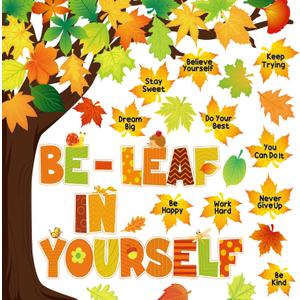 Funrous Fall Bulletin Board Decorations Classroom Fall Tree Maple Leaves Pumpkin Bulletin Board Set Be Leaf in Yourself Inspirational Quote Cutout Autumn Thanksgiving School Wall Decor(Maple Leaf)
