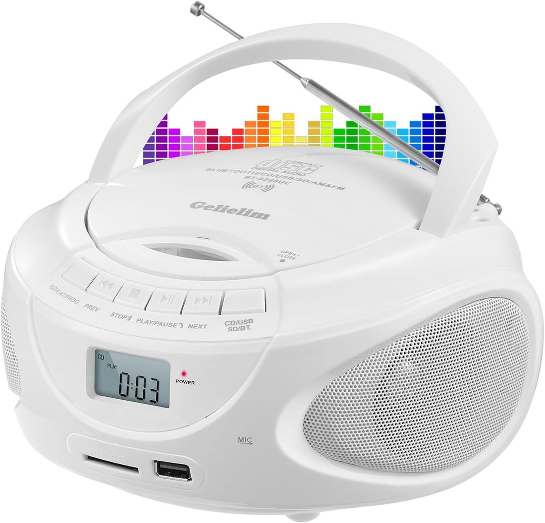Gelielim Portable CD Player Boombox with Bluetooth, Small AM/FM Radio, Stereo Sound, Top-Loading Disc Player for Home, USB/AUX/Headphone Jack, AC/Battery Operated for Kids/Elderly (White)
