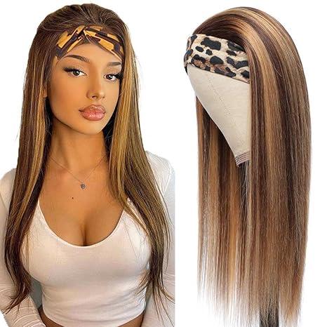 BaaerHve 30 Inch P427 Blonde Headband Wigs Human Hair Body Wave Wigs for Black Women Brazilian Virgin Hair Glueless None Lace Front Half Wig Wear and Go Highlight Brown Headband Wigs Human Hair