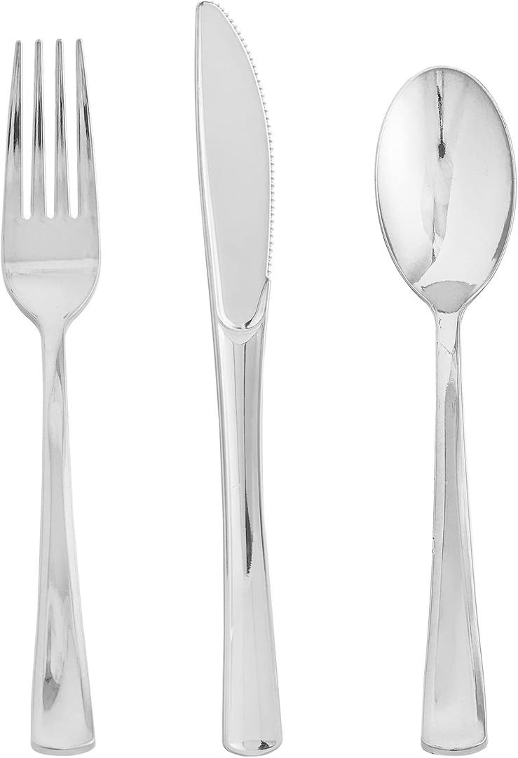 FOCUSLINE 75 Pack Silver Plastic Silverware Disposable Cutlery Set - 25 Forks Knives Spoons - Disposable Flatware Heavy Duty Plastic Utensils Set for Catering, Parties, Dinners, Weddings