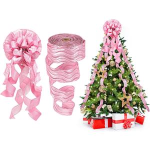 Geosar Christmas Tree Topper Christmas Wreath Bow 12 x 34 Inch with Glitter Streamer Hanging Xmas Large Bow Decorative Ribbon Bows for Xmas Wreath Door Festival Home Decor(Pink Style)