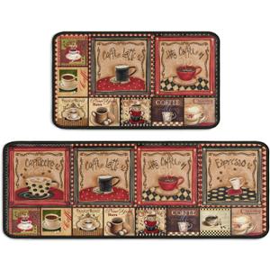2 Piece Coffee Kitchen Decor Rug Set, Home Kitchen Sink Rugs and Mats Non Skid Washable Absorbent Microfiber Kitchen Floor Carpet 17"x47"+17"x30"