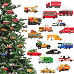 Pinkunn 36 Pcs Christmas Vehicle Wood Ornaments Set Construction, Monster, Fire, Army, Police Car Transportation Hanging Ornaments Gifts for Tree Decor(Cars,Multicolor)