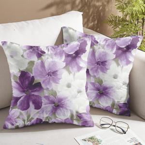 Purple Floral Throw Pillow Covers Set of 2 Decorative Watercolor Flowers Sofa Pillow Cases Square Cushion Cover for Couch Bedroom Living Room, Lilac, 18 X 18 Inch
