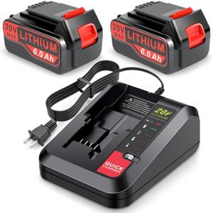 20v Lithium Battery Replacement for Black and Decker 6.0Ah Battery 2Pack with 1 Charger Combo Compatible with LBXR20 LBXR20B LBXR20-OPE LBXR2020 LBXR20 LB20 LBX20 LB2X4020 Cordless Power Tool