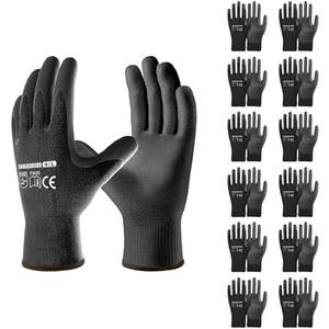 PU Work Gloves Coated Grip Lightweight Durable Breathable Non-Slip Firm Protective Knit, for Garden Construction Repair Warehouse Yard Outdoor Labor Utility Safety, Men Women Black Bulk Pack 12 Pairs Multiple Sizes