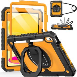 Cantis Case for iPad (A16) 11th/ 10th Generation 11/10.9 Inch 2025/2022, Shockproof Case for iPad 11 with Screen Protector/Rotating Stand/Adjustable Shoulder Strap/Pen Holder, Black+Yellow