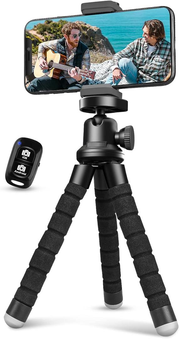 Aureday Phone Tripod, Flexible Tripod for iPhone and Android Cell Phone, Come with Wireless Remote and Clip for Video Recording/Vlogging/Selfie (Black)