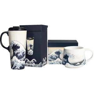 Ceramic Mug Travel Coffee Wave Cup with Lid and Handle for Home & Office, Porcelain Tall Tea Art Cup with Color Box, Wave Mugs Set of 2
