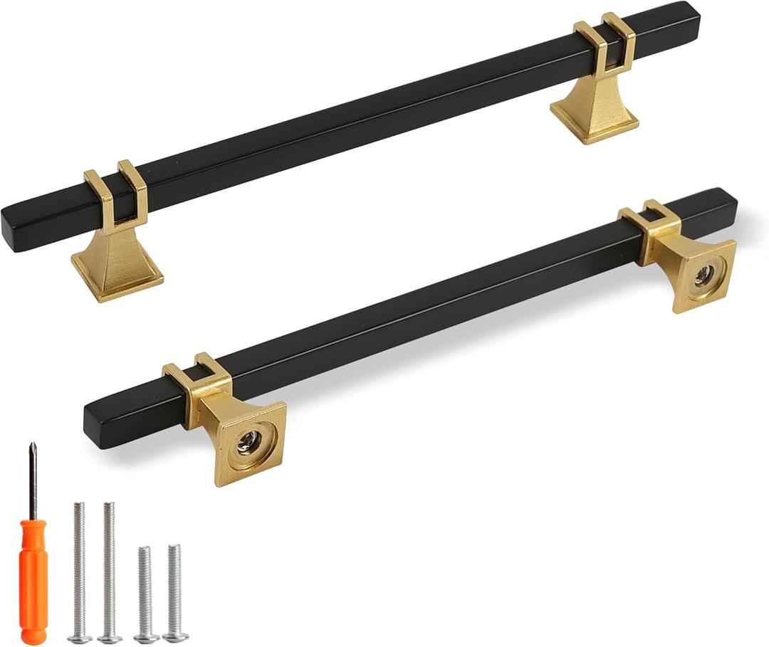 Cabinet Pulls Matte Black and Gold Cabinet Handles, 5 Pack 6-1/4 Inch Kitchen Door Cupboard Wardrobe Drawer Handles, Cabinet Hardware Bar Drawer Pulls, 160mm Hole Centers