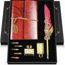 Feather Quill Pen and Ink Set,Antique Calligraphy Set with Leather Journal Notebook,Feather Pen,5 Gold Nibs,Pen Holder,Ink,Calligraphy Kits for Beginners Christmas Gift (Red)