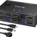 USB 3.0 HDMI KVM Switch 2 Monitors 2 Computers 4K@60Hz 2K@144Hz, EDID Emulator, Camgeet Dual Monitor KVM Switch for 2 Computers Share 2 Displays and 4 USB 3.0 Ports,Wired Remote and Cables Included