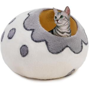 Woolygon Premium Felt Cat Cave Bed  Wool Kitty Beds Handcrafted Kitten Caves Bed for Indoor Cats - Made from Merino Wool, Foldable Cat Hideaway Covered Cat House Pod (White Flower)