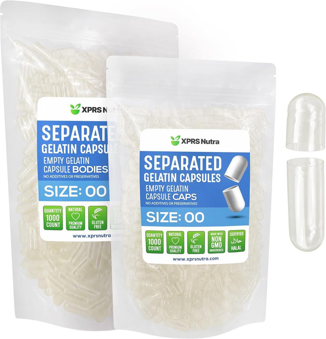 XPRS Nutra Gelatin Size 00 Separated Capsules - 1000 Count Gelatin Empty Capsules Separated in Bags - Separated Empty 00 Capsules - Pill Capsules DIY (Clear), Exp Date: 12/31/25