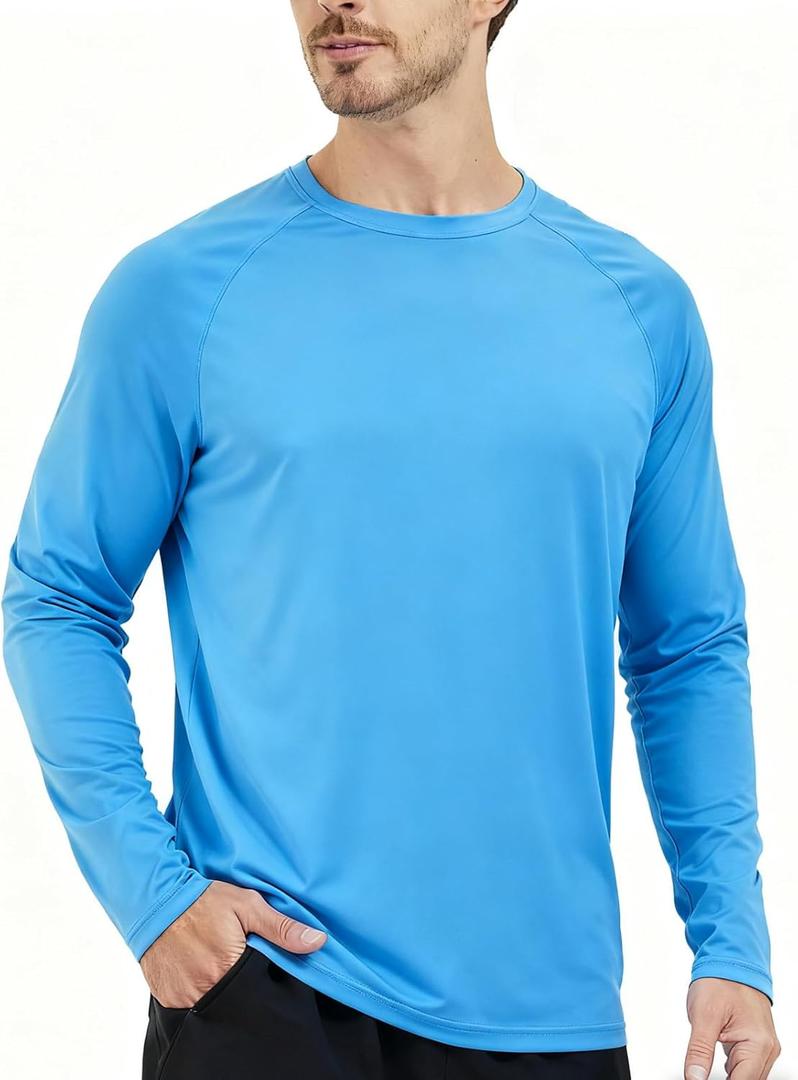 Men's UPF 50+ Sun Protection Beach Shirts Short Sleeve SPF UV Rash Guard Swim Quick Dry Water Swimming T-Shirts (Blue)