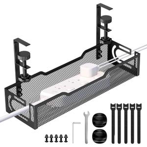 Under Desk Cable Management Tray, No Drill Mesh Desk Cable Tray, Wire Management Tray Cable Management Rack, Wire Organizer and Cable Management Box (Black)