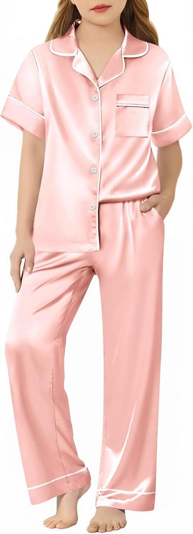 Arshiner Girls Pajamas Silk Satin Button Down Pjs 2 Piece Short Sleeve Sleepwear Set (12-13 Years, Lotus Root Pink)