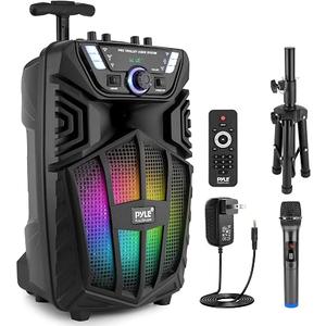 Pyle 8’’ Portable Bluetooth PA Speaker Kit with Wireless Mic, Speaker Stand, and LED Lights, MP3/USB/FM Radio, Aux Input, Bluetooth 5.0, 9.3’’x7.8’’x14.3’’ Inch Wireless Stereo, Event Ready