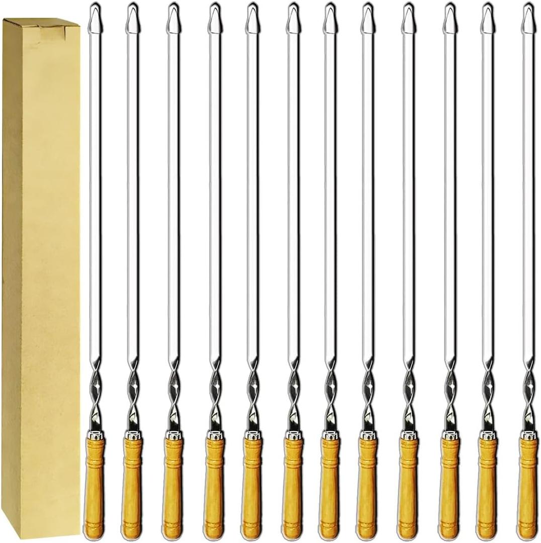 12 Pack Kebab Skewers 22 Inch BBQ Barbecue Skewers Stainless Steel Sticks Heavy Duty Large Wide Reusable with Nonslip Wooden Handle Ideal for Shish Kabob Chicken Shrimp and Vegetables