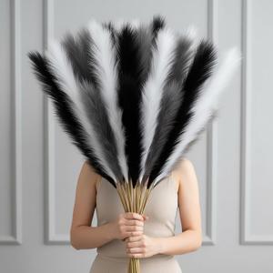 Giegxin 12 Pcs Artificial Pampas Grass Dried Decor 45'' Tall Fluffy Pompas Faux Pampas Grass Black White Grey Gray Short Stems Bouquet Flower Arrangement Vase Filler for Boho Home Wedding Decoration