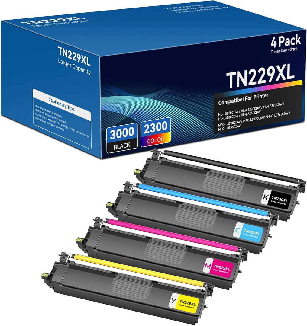 Compatible Brother TN229XL Toner Cartridges MFC-L3780CDW MFC-L3720CDW HL-L3280CDW Replacement for Brother TN229XL TN229 229 XL Work for MFC-L3720CDW MFC-L3780CDW L3765CDW HL-L3280CDW L3220CDW Printer (TN229XL - 4 Pack (Black, Cyan, Magenta, Yellow))