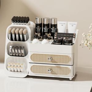 Makeup Organizer with Drawers, Large Capacity Countertop Organizer for Vanity, Bathroom and Bedroom Desk Cosmetics Organizer, Easy To Storage Skincare, Brushes, Lotions, Lipstick (All white)