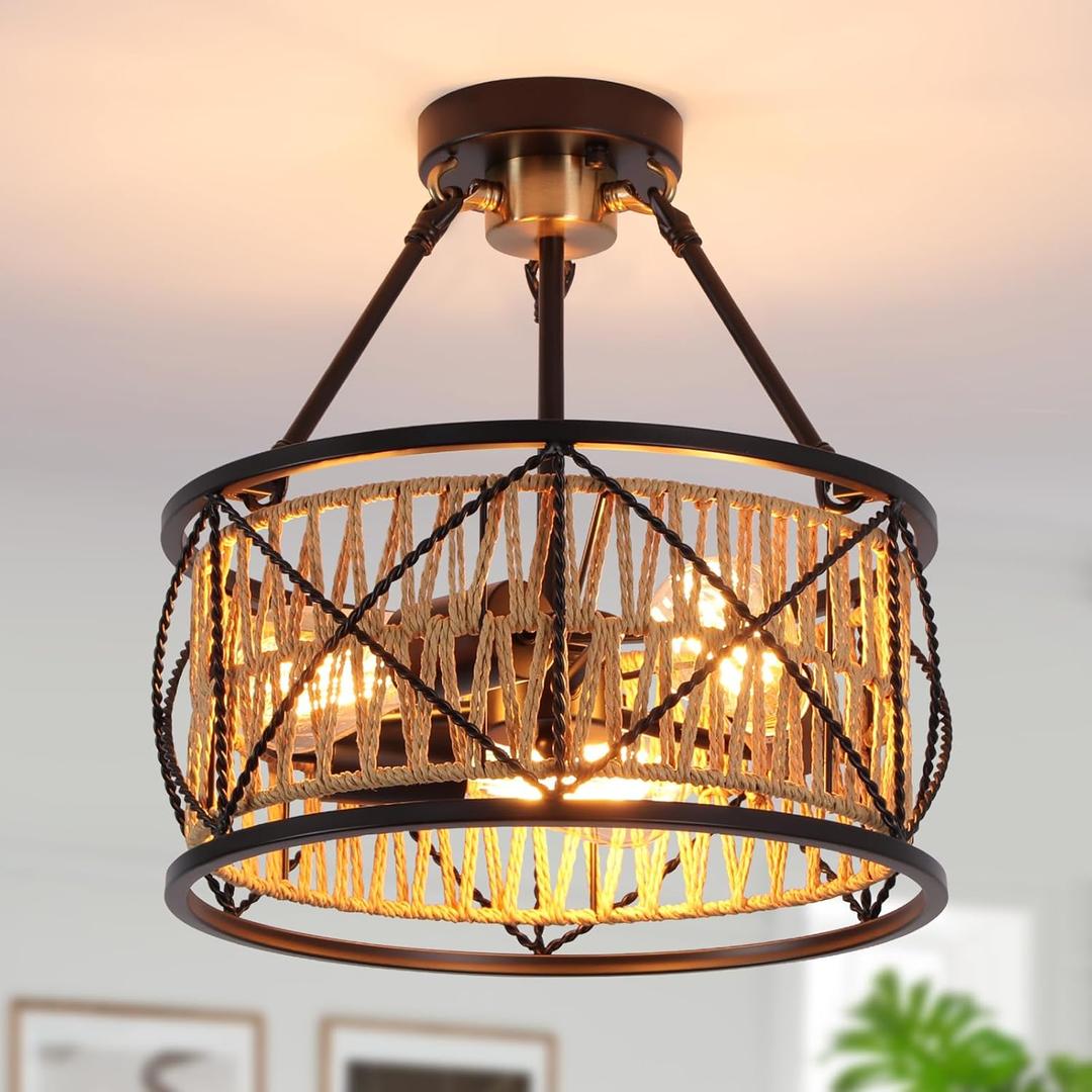 3-Light Hand Woven Boho Ceiling Light, Farmhouse Industrial Dual Round Semi Flush Mount Chandelier, Black Gold Rattan Pendant Light for Dining Room Kitchen Bedroom Living Room Foyer Coastal, Black Gold