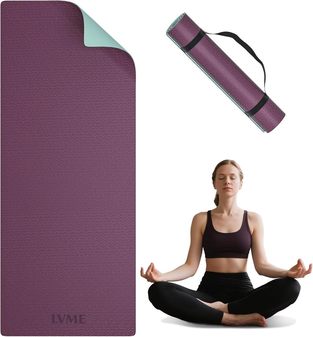 Yoga Mat Non Slip, Anti-Tear 1/4" & 2/5" Thick TPE Yoga Mats for Women and Men, a stylish and practical dual-tone yoga mat.72"x24" Exercise & Fitness Mat with Carrying Strap, Workout Mats for Yoga, Pilates and Floor Exercise, Purple + Matcha green