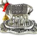 NOBILITY Pooja Items Diwali Gift Silver Antique Small Kamdhenu Cow with Calf Metal Statue Decorative Item Showpiece for Home Office Decoration Wedding Return Gifts 6 Pcs