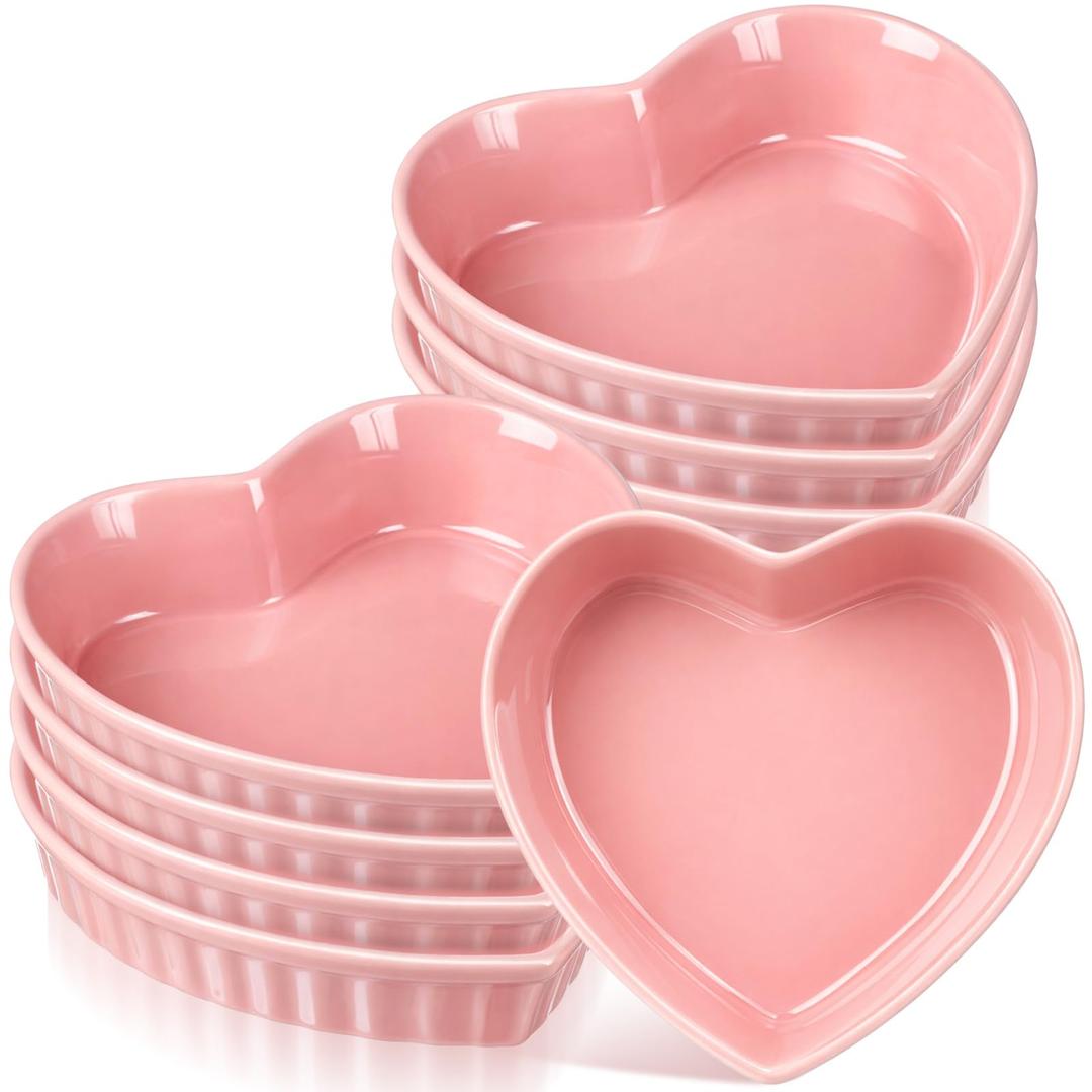 Reallnaive 8 Pcs Heart Shaped Ramekin Creme Brulee Ramekins Oven Safe 5.91 x 5.91 x 1.57 Inch Heart Shaped Bowl Small Baking Ceramic Ramekins Dishes for Souffle Snacks Quiche Appetizers Sauces(Pink)