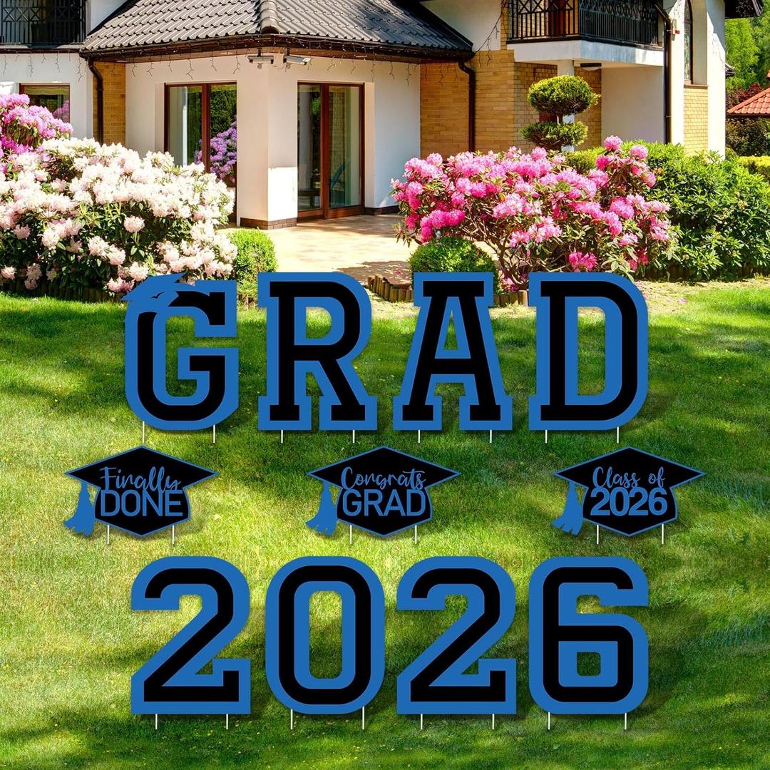 Tatuo 11 Pcs Graduation Yard Sign Decorations Class of 2026 Congrats Graduation Lawn Signs Grad Yard with 23 Stakes for High School College Outdoor Party Supplies(Blue Black,Simple Style)